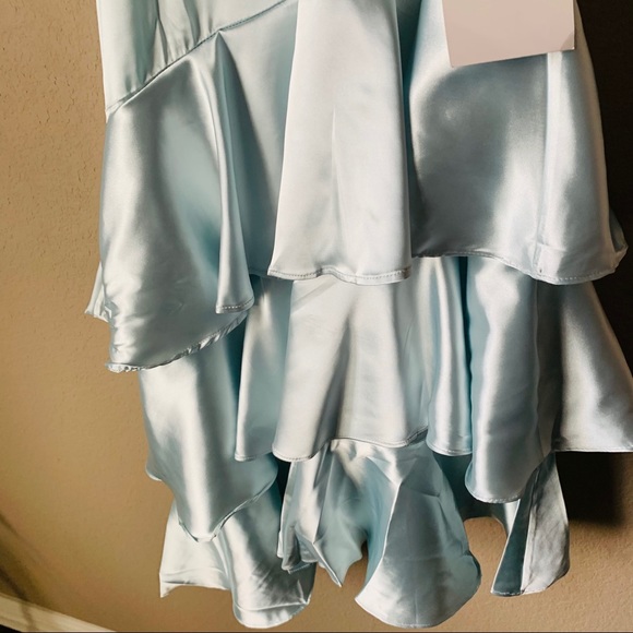 Lulu’s Blue Satin Tiered Asymmetrical Midi Dress - Picture 8 of 13